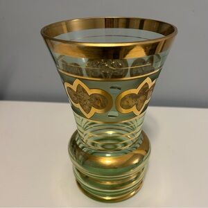 Vintage Green Glass Vase Gold Gilt
7” Mid Century Art Glass